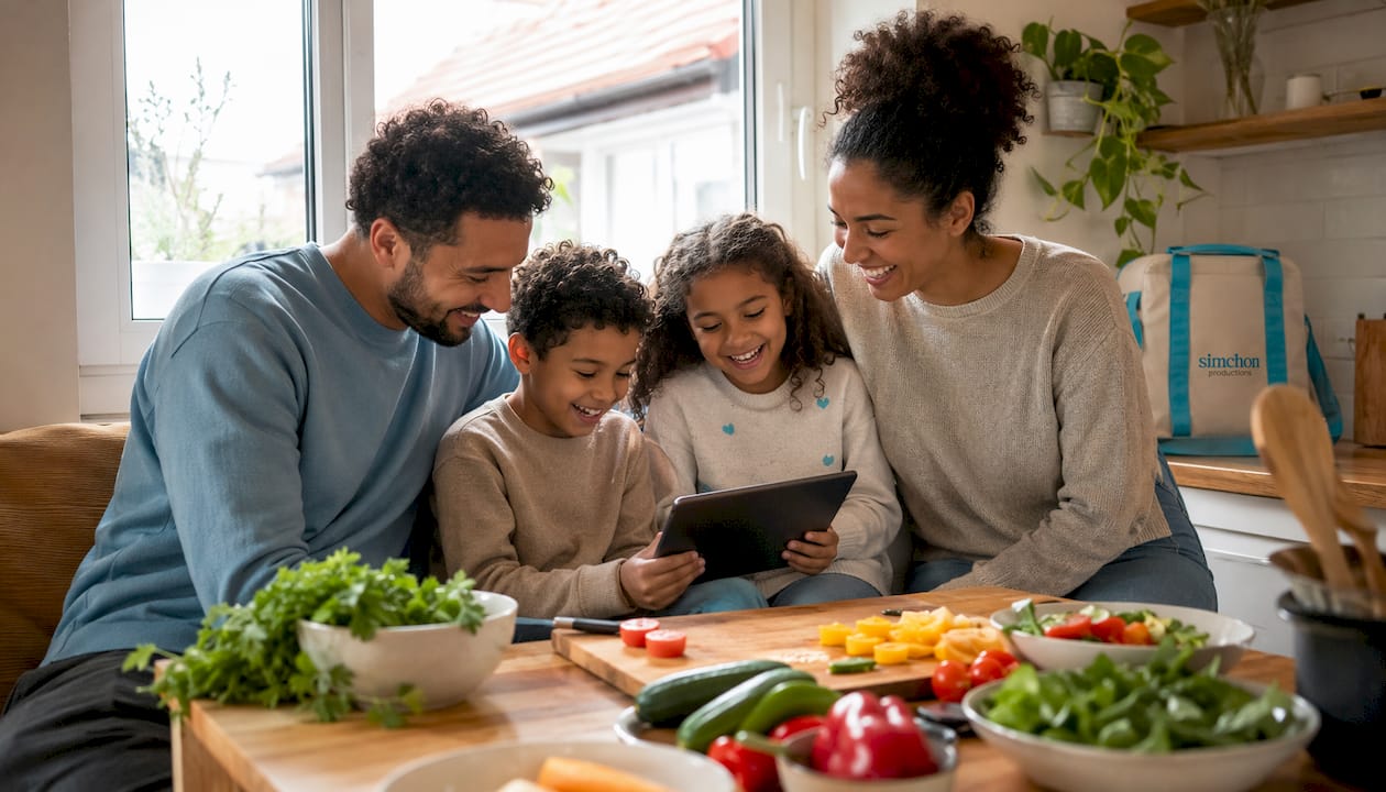 Diverse family watching video together at home