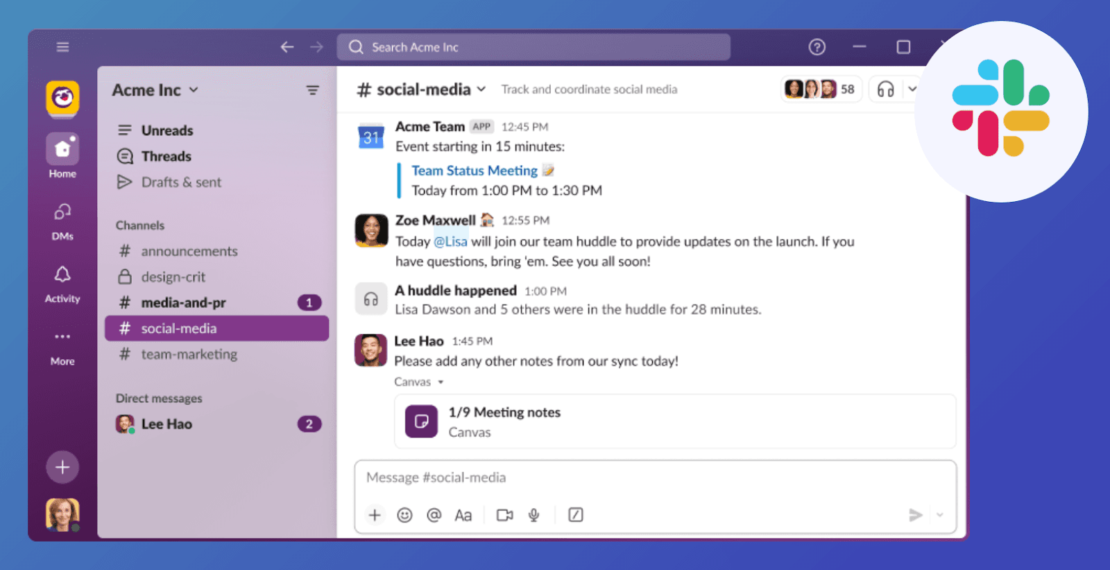 Slack channel screenshot of message thread. They are in the social media channel of slack.