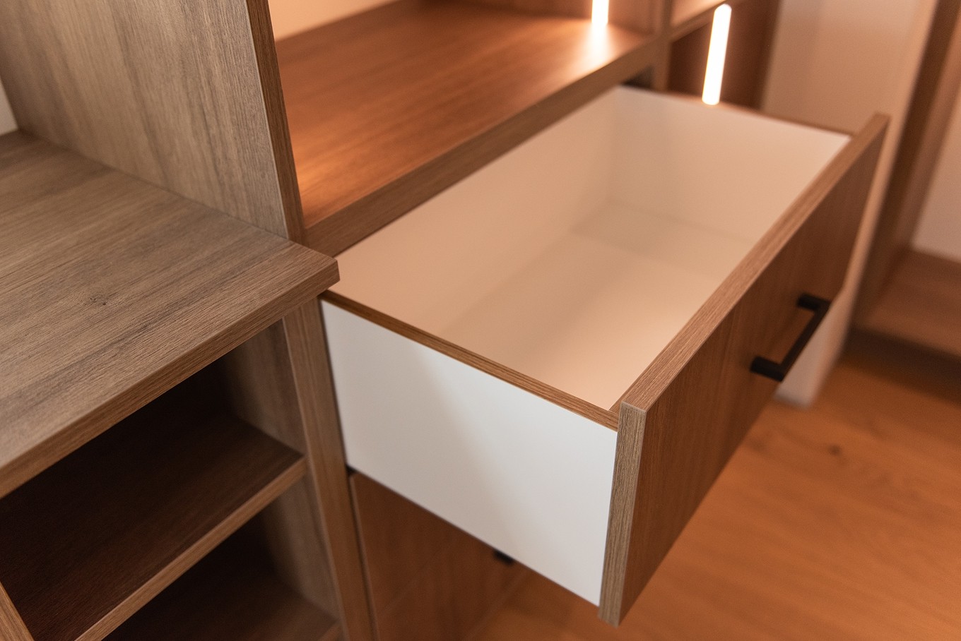 Open drawer in wood cabinetry with soft-close feature