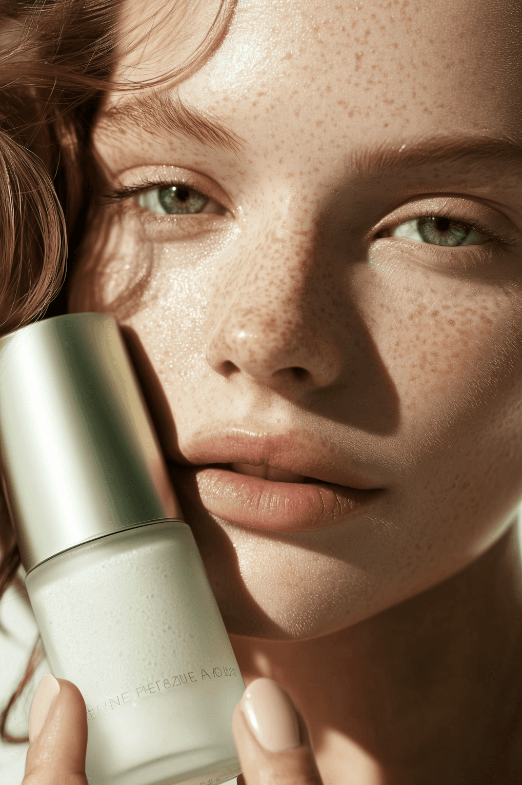 Close-up of a freckled woman holding a skincare bottle near her face