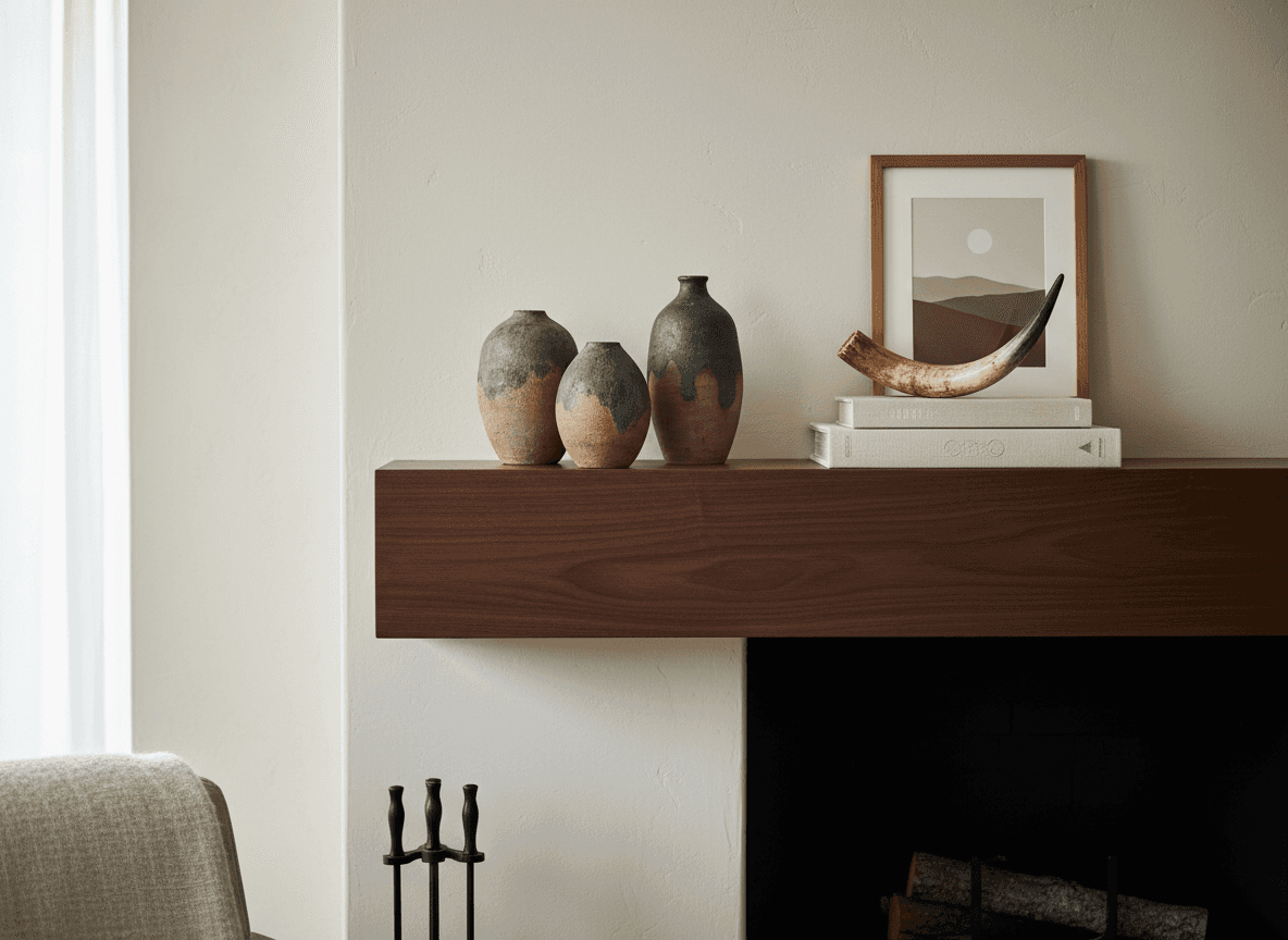 Modern minimalist fireplace mantel styling in a warm neutral living room with ceramic vases, stacked books, framed landscape art, and a decorative horn.