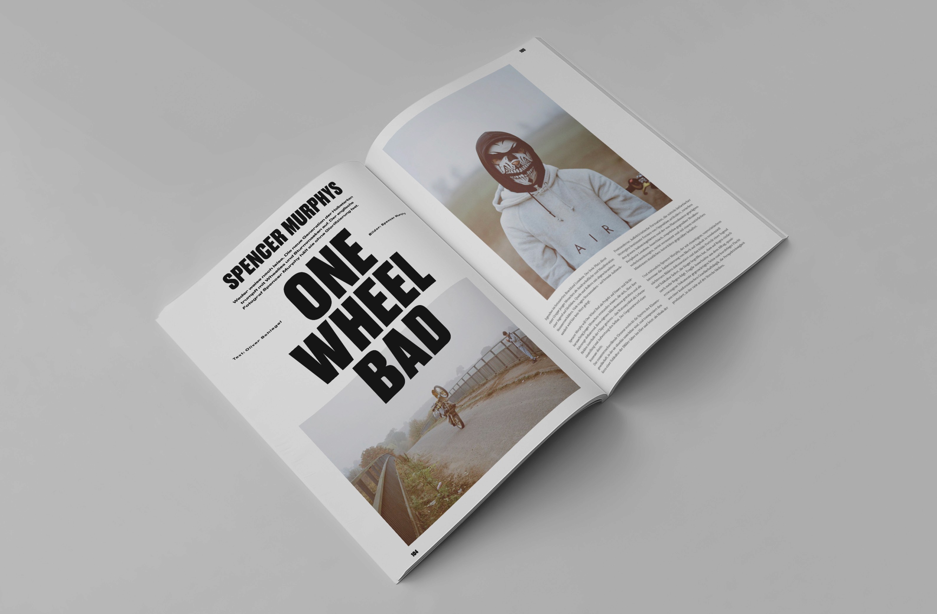 Magazine spread featuring the title "ONE WHEEL BAD" by Spencer Murphy, showcasing a fashion feature with an outdoor photo.