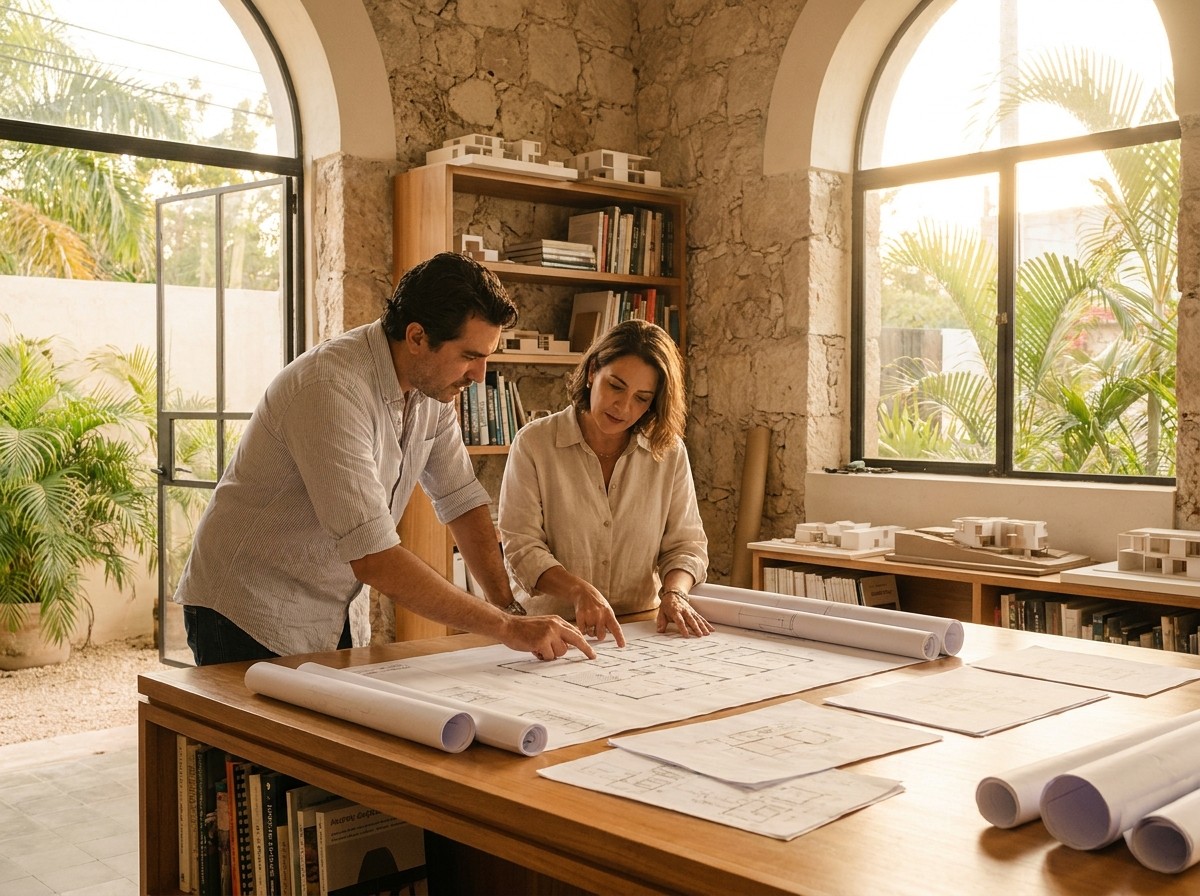 Architect and client reviewing residential construction plans in Mérida