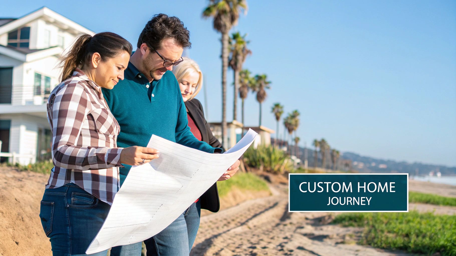 A couple and a woman review custom home blueprints on a coastal property with a house and palm trees.