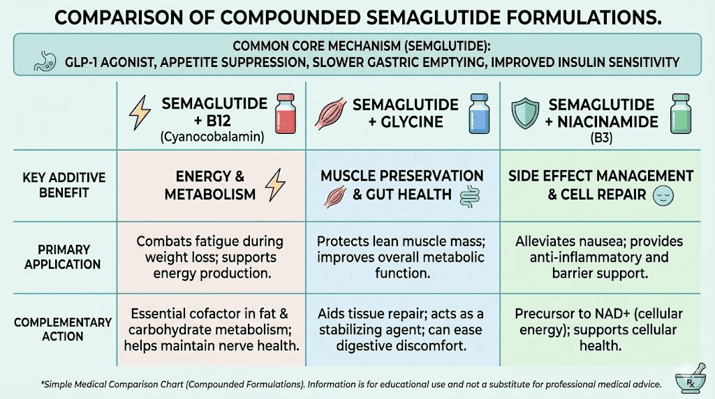 Semaglutide compound comparison chart with niacinamide B12 and glycine
