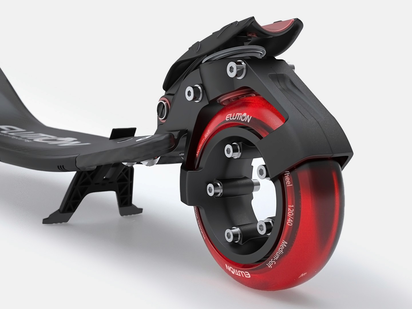 Elution Scooter rear wheel close-up showing red tire and black frame design