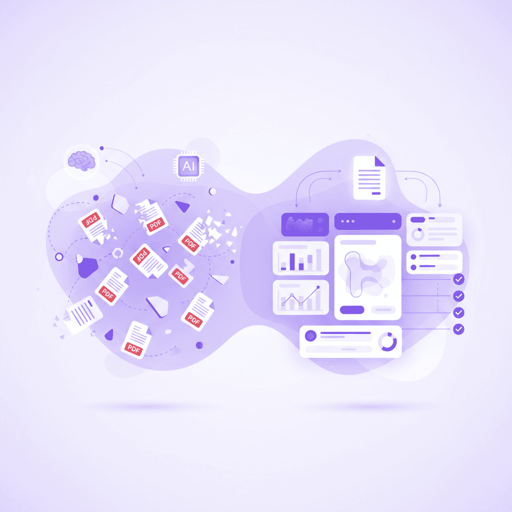 Split screen showing scattered PDF icons transforming into a clean, unified dashboard