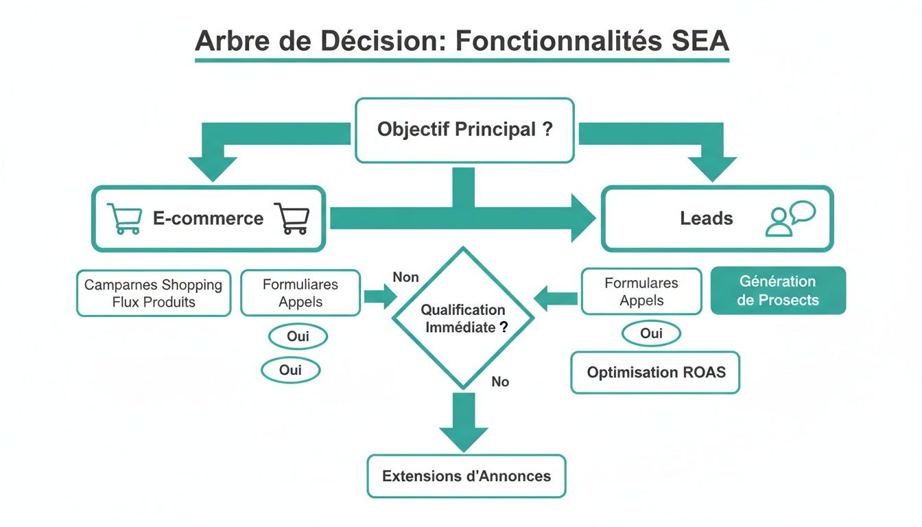 Arbre de décision pour les fonctionnalités SEA basé sur l'objectif principal (E-commerce ou Leads) et la qualification immédiate.