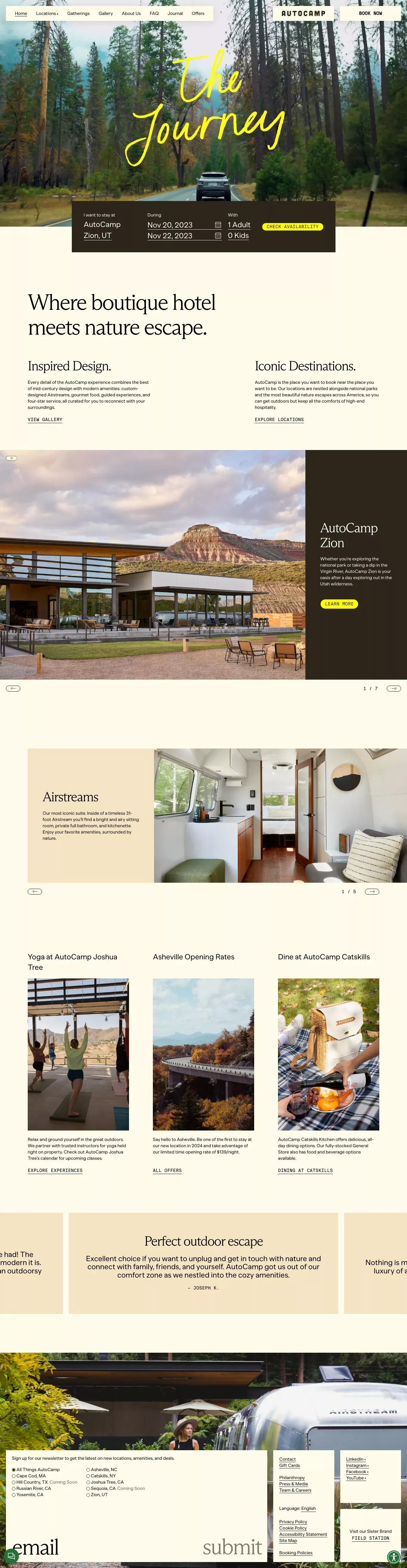 AutoCamp landing page screenshot showcasing Furniture & Interiors and Real Estate design