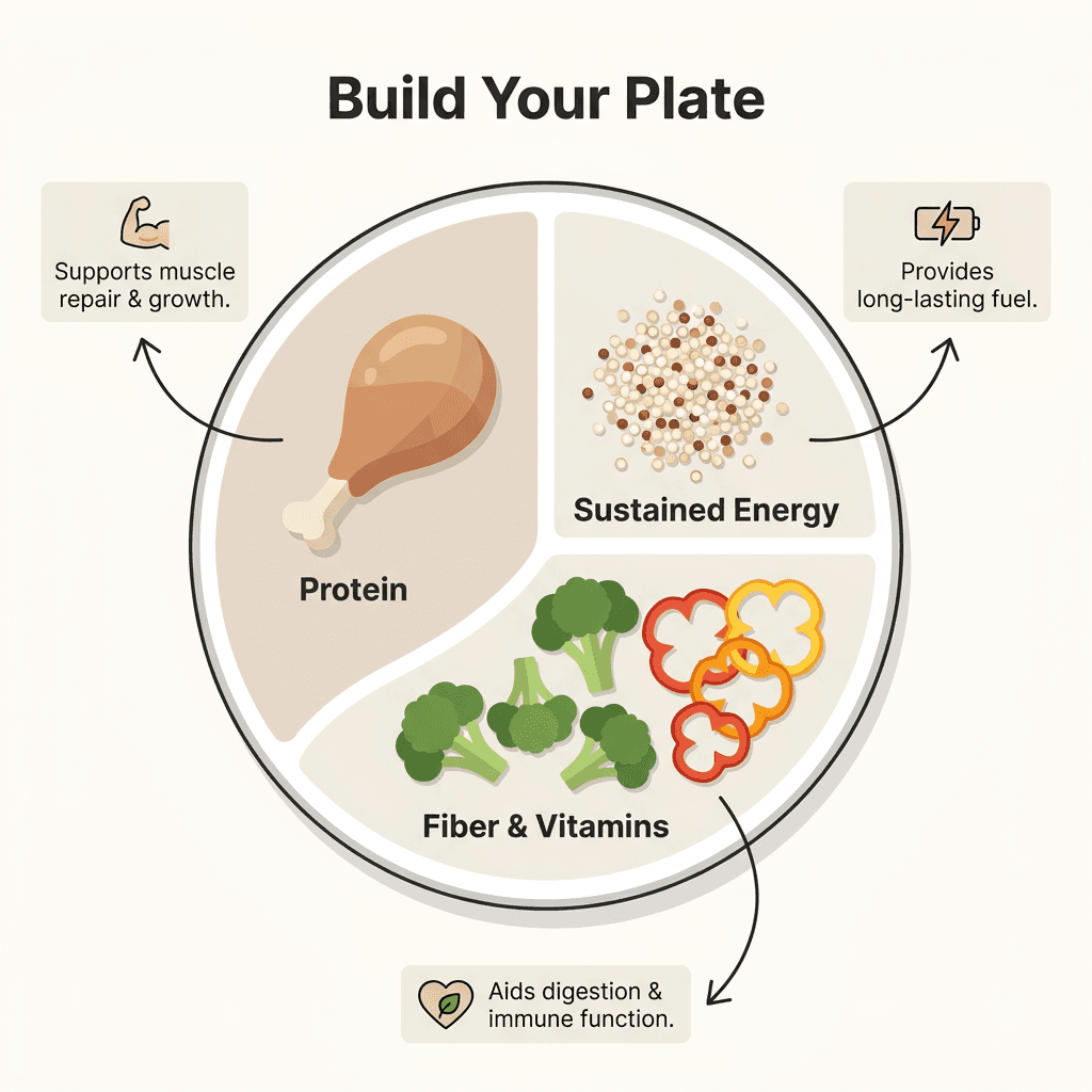 Balanced plate infographic showing protein foods with vegetables and complex carbs