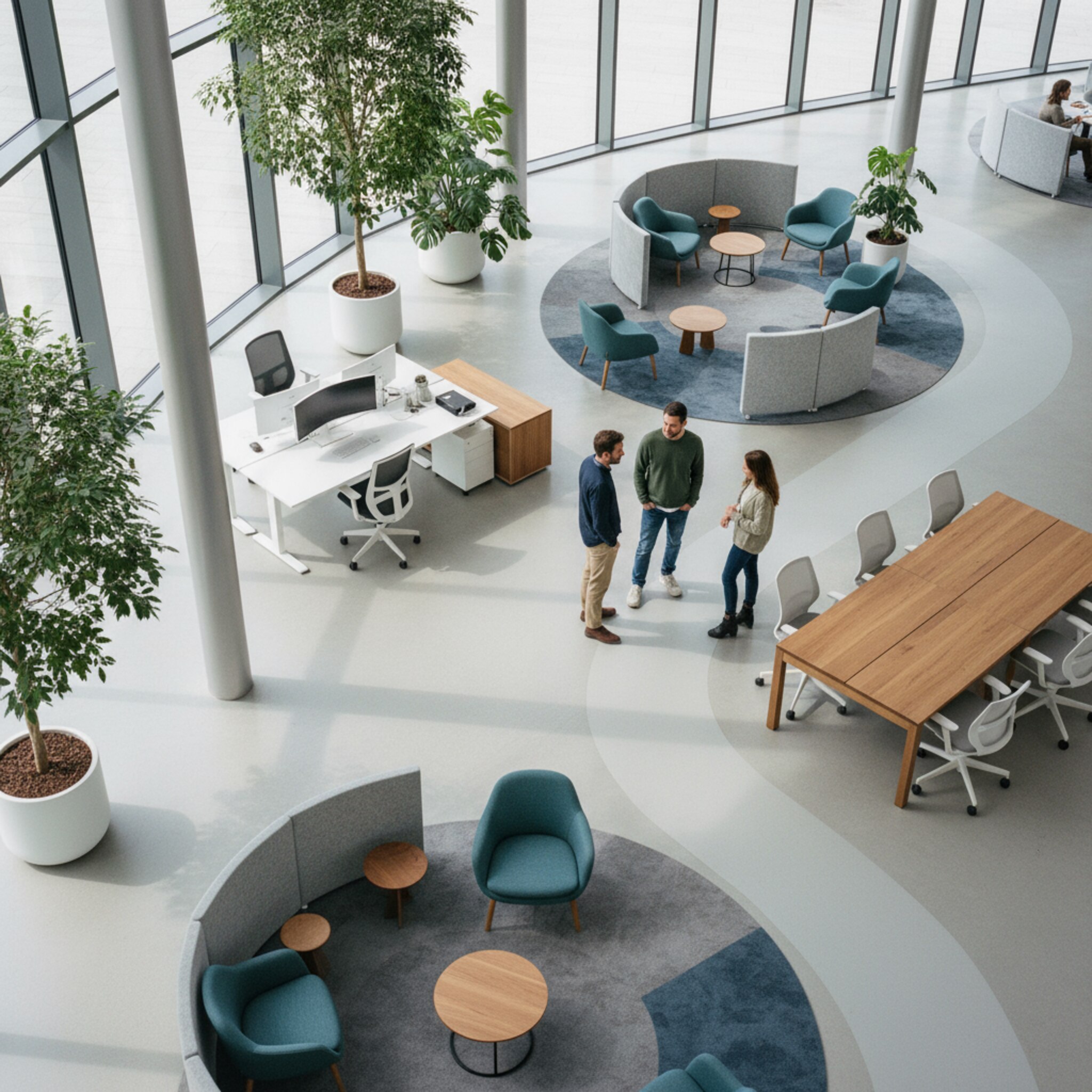 Ein Blick von oben auf eine Verwaltungsetage zeigt klar strukturierte Bereiche: Ruhige Zonen mit Teppichinseln, daneben offene Tische für Zusammenarbeit. Breite Wege führen um Säulen und Pflanzen. Ein barrierefreier Arbeitsplatz besitzt großzügigen Freiraum. Tageslicht lässt die Zonierung deutlich lesbar erscheinen.