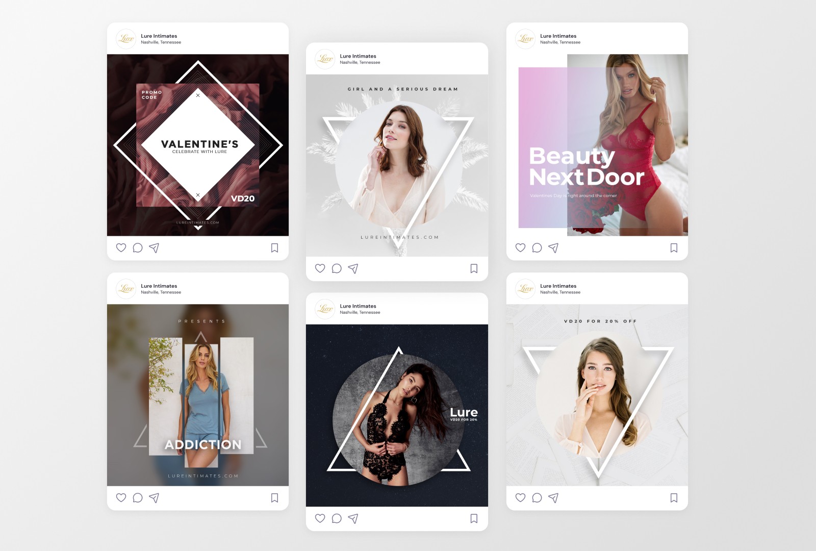 Lure Intimates Instagram social ads showing models wearing brand clothing in artisitc portraits