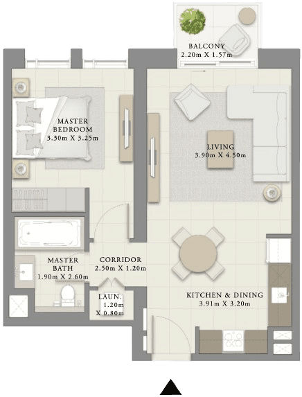 Floor plan of a 1-bedroom apartment at Creek Crescent, showing room layout and dimensions.