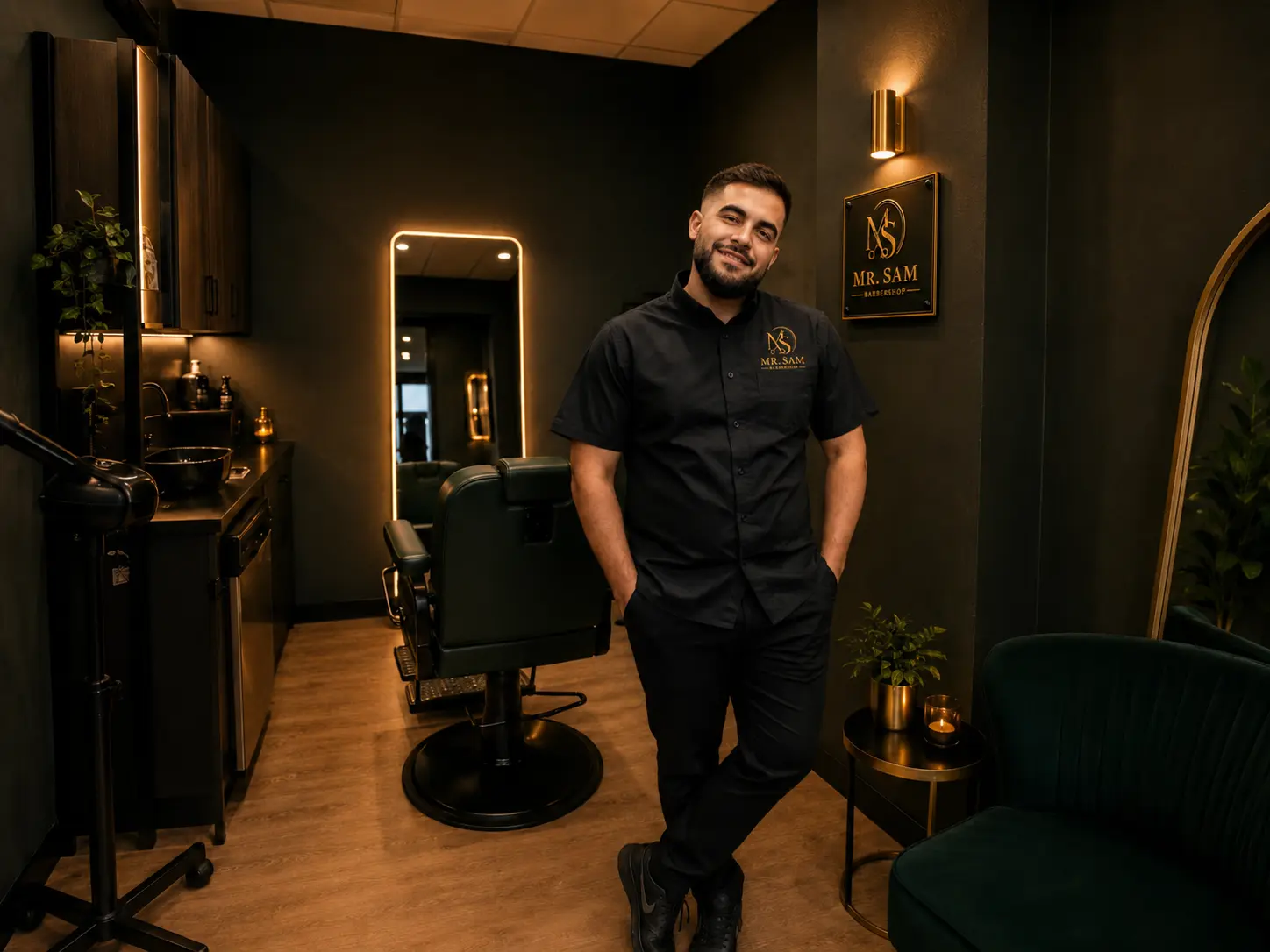 Mr. Sam standing inside his modern barbershop studio with dark green and gold decor, barber chairs, mirrors, and warm lighting.