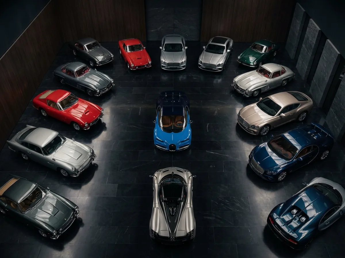 gemischte Fahrzeugsammlung in beleuchteter Garage
