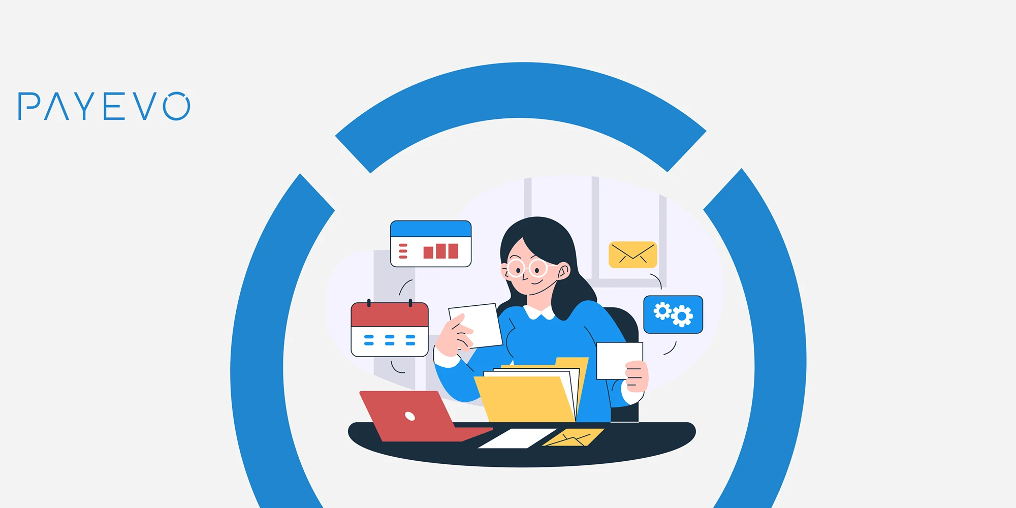 Ilustración de una estudiante trabajando en un escritorio con una computadora portátil, rodeada de íconos de aplicaciones empresariales que incluyen gráficos, calendario, correo electrónico y configuración, representando la experiencia integral del programa de pasantías de PayEvo