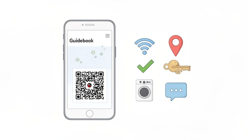 Smartphone shows 'Guidebook' app with QR code and icons for Wi-Fi, location, key, washing machine, and chat.