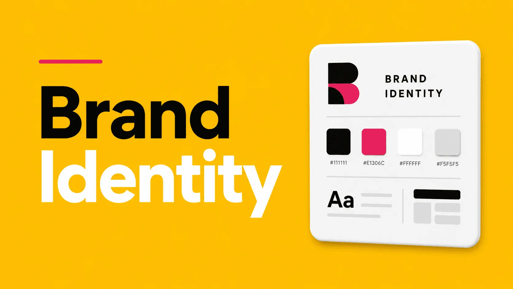 Brand Identity design elements on a yellow background.