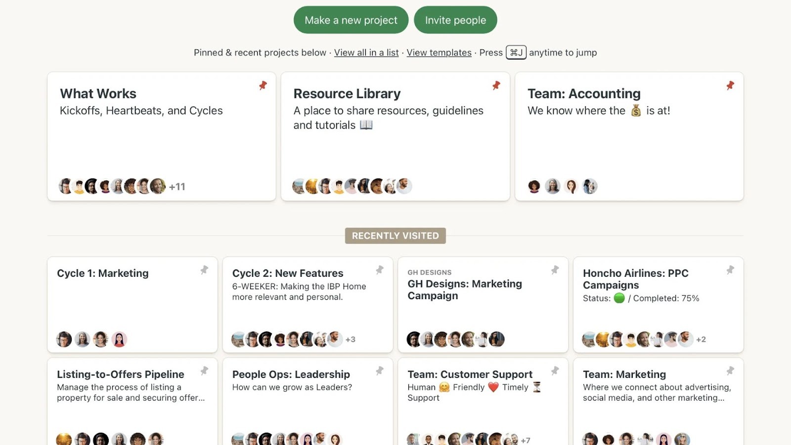 Basecamp's central hub for all team projects