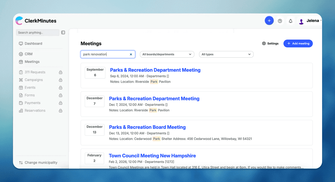 How clerkMinutes search works