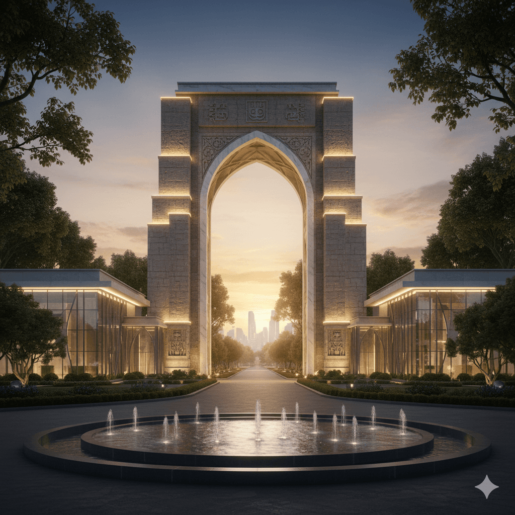 Grand monumental entry gate of M3M Kurukshetra featuring modern stone architecture and high-tech security systems