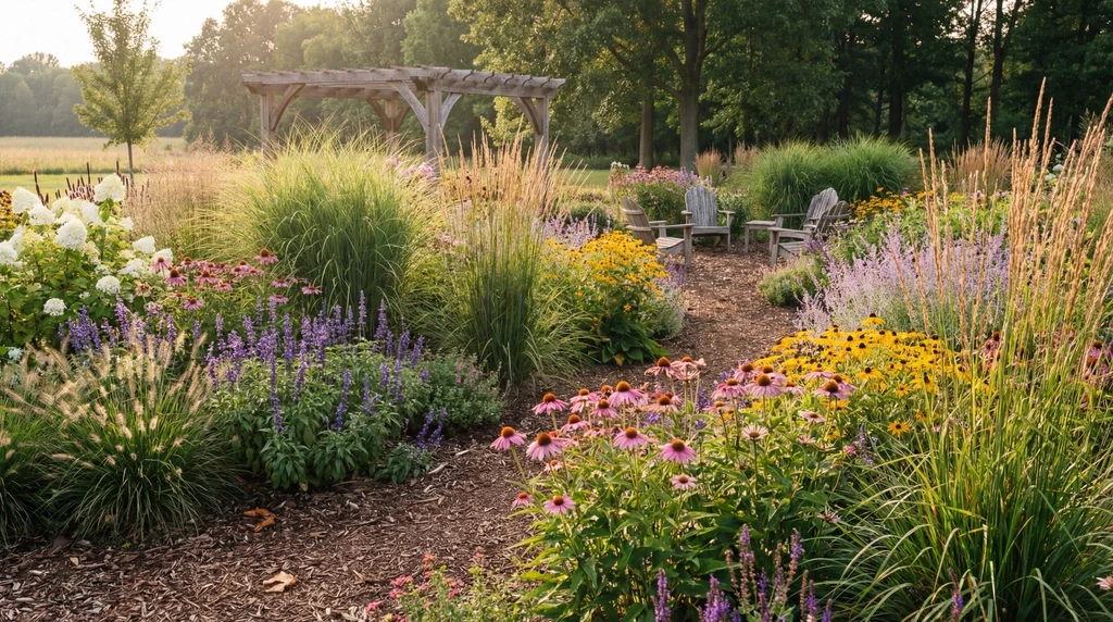 Rustieke tuin met houten pergola, kleurrijke bloemen en groene achtergrond.