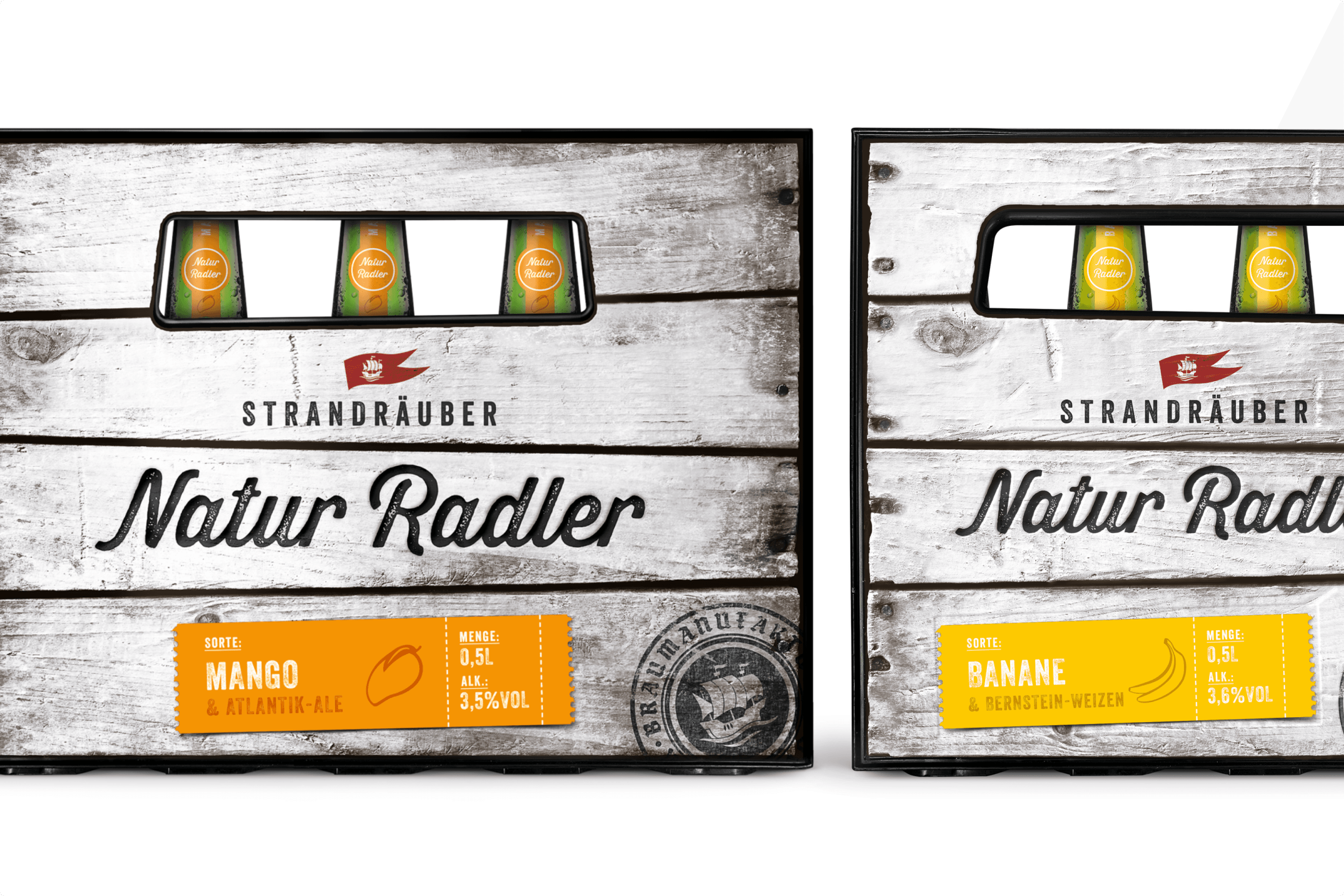 Strandräuber Natur Radler crates with mango and banana flavors.