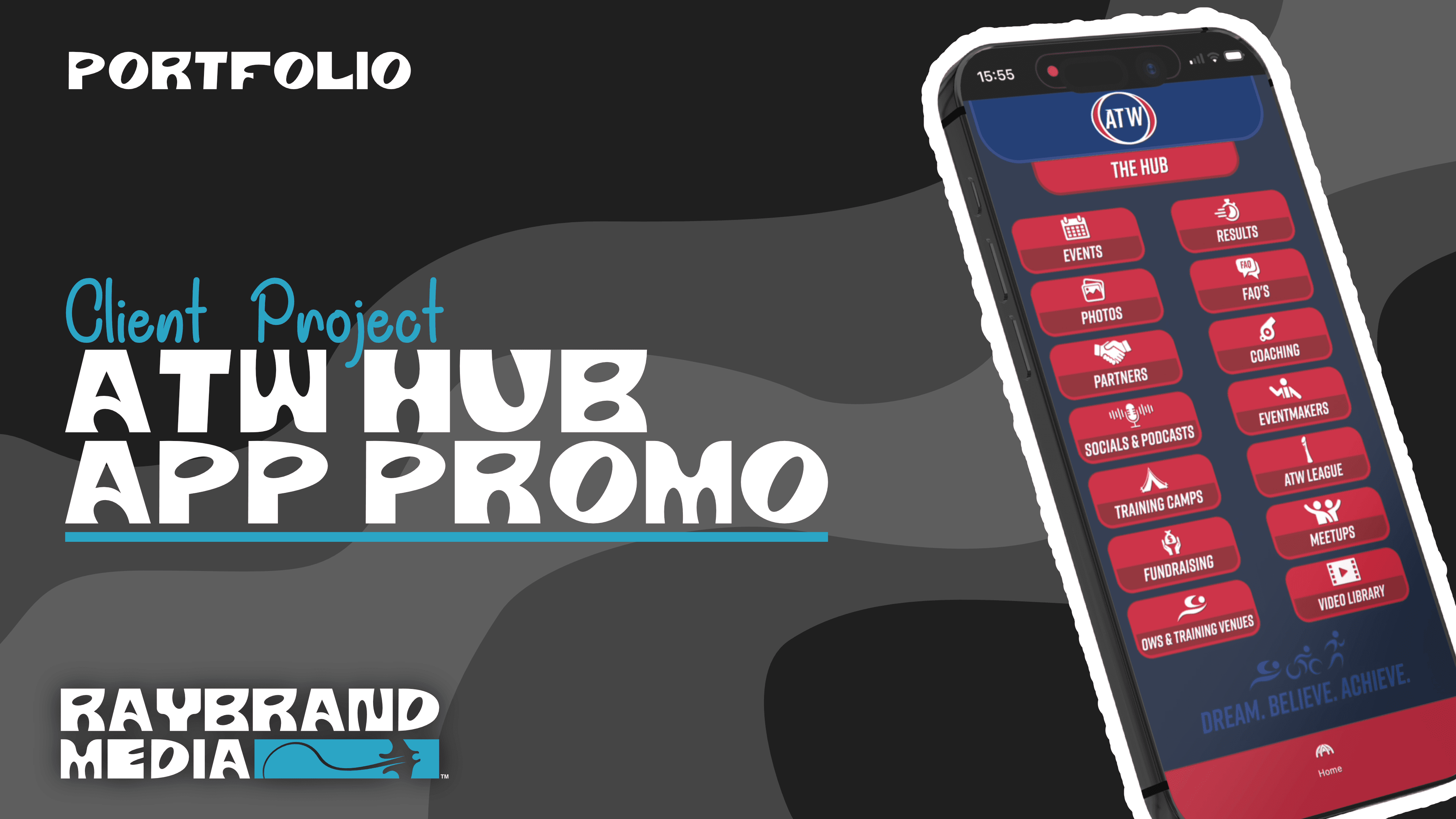 Portfolio thumbnail for ATW Hub app promo video by Raybrand Media, showcasing videography project, mobile app interface and promotional content production