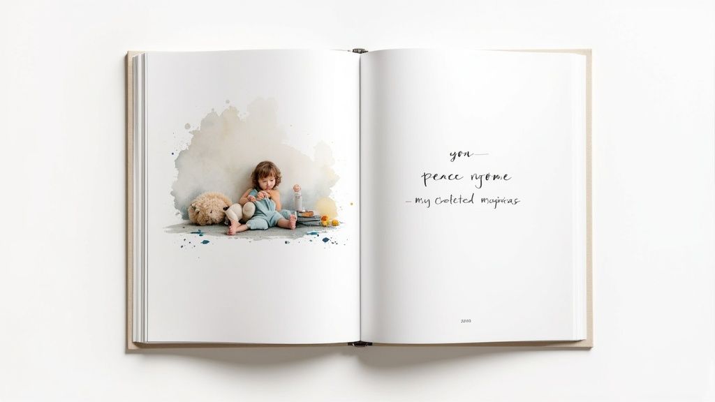 Open personalized children's book showing watercolor illustration of toddler reading with handwritten text
