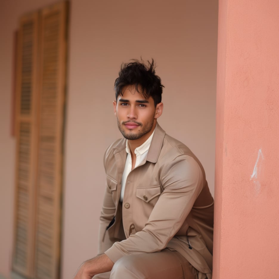 Close-up shot of a man on brown coat leaning on a peach and light brown wall.