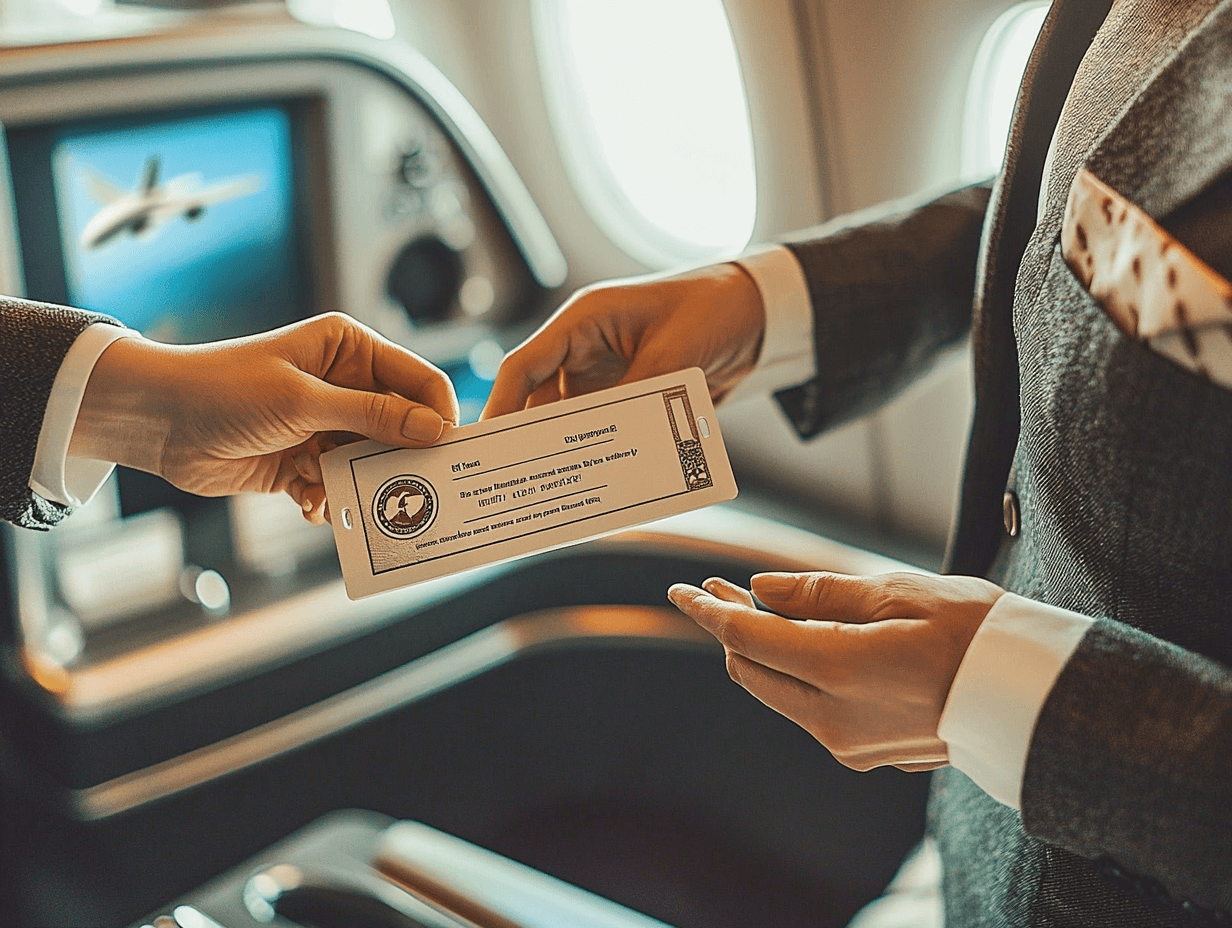 An image of a person handing over a plane ticket