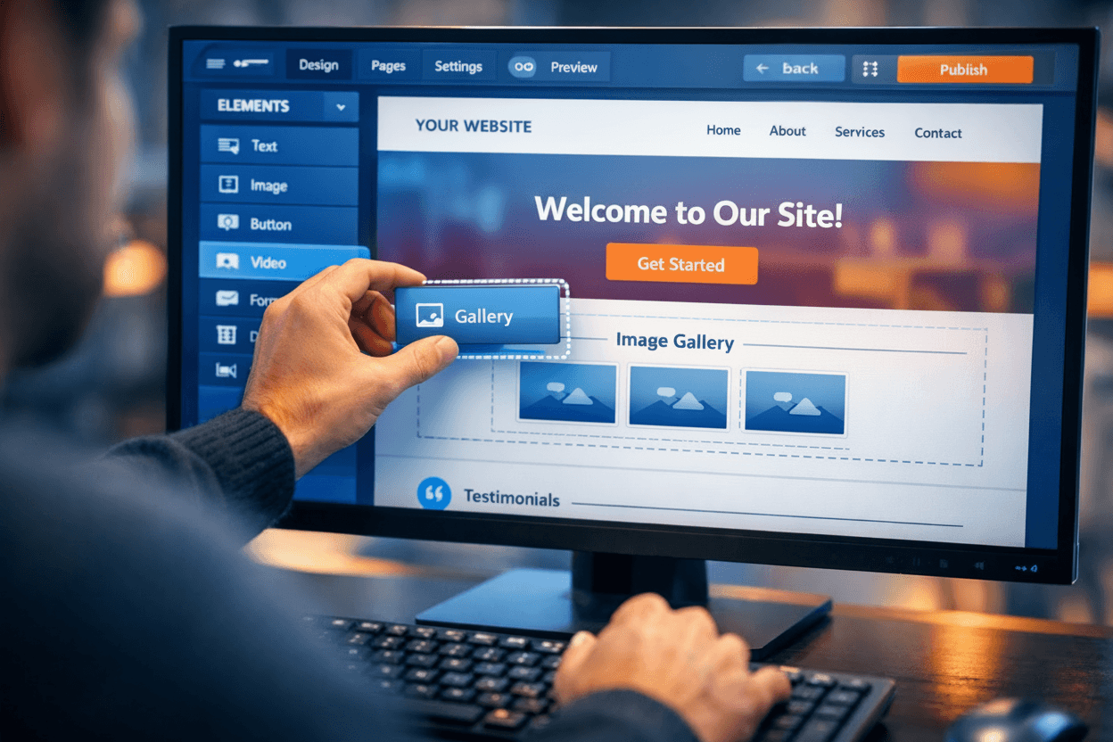 A person is using a website design tool on a computer, dragging a "Gallery" element onto a webpage with a "Welcome to Our Site" header and image gallery.