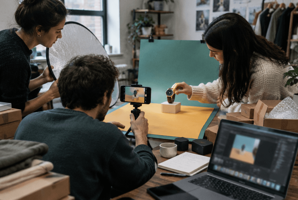 Small e-commerce team shooting product photos on a tabletop set for Meta ads
