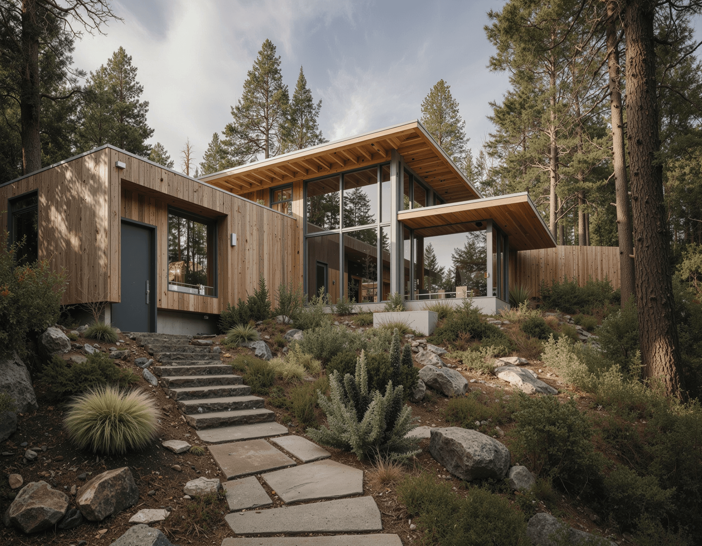 A contemporary home in a pine forest surrounded by native plantings and a stone entry path.