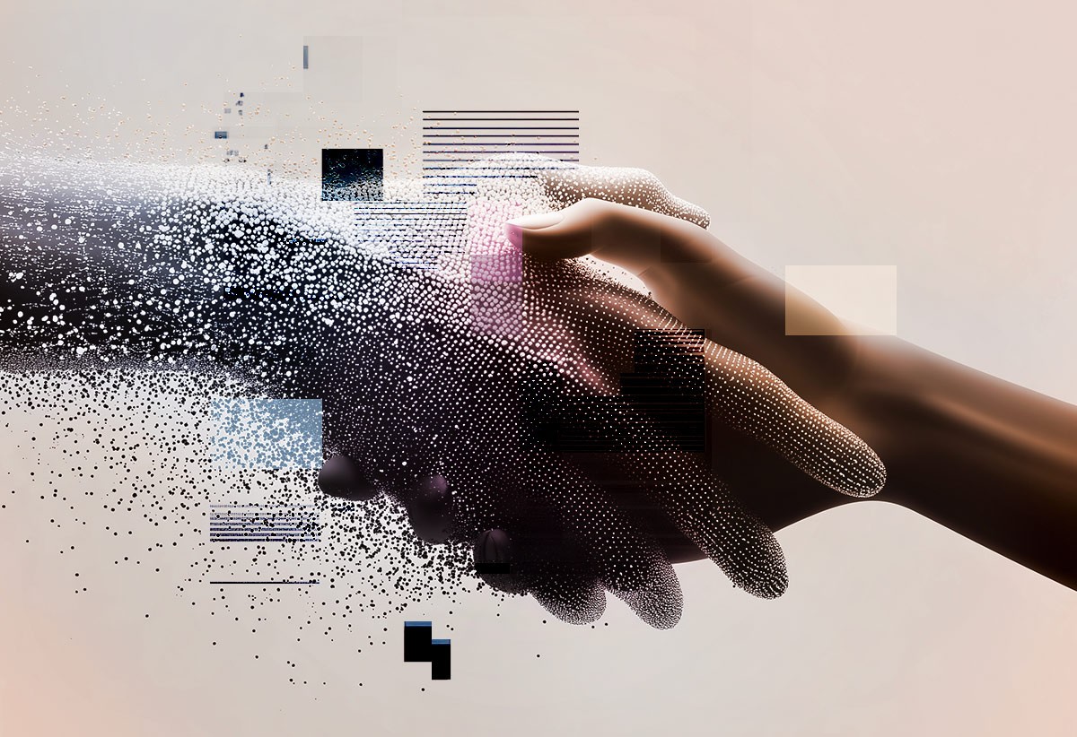 An AI generated image of a digital illustration depicting a hand shaking hands with digital data particles.