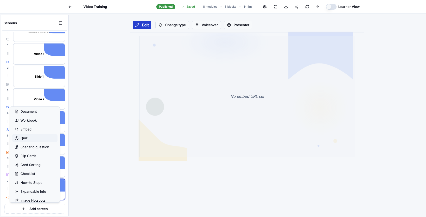 Select Quiz to add multiple choice questions that test learner comprehension.
