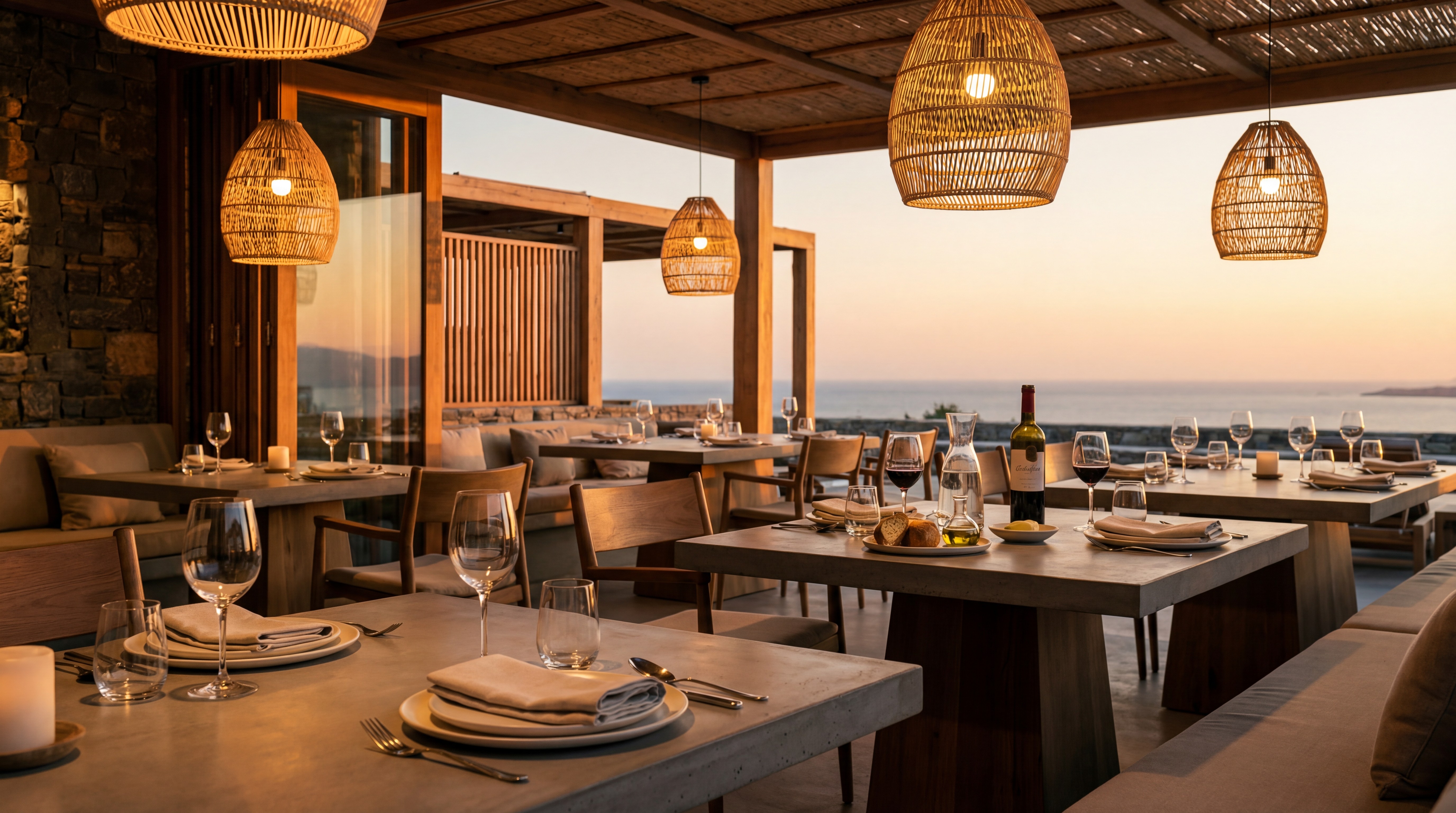 Fine dining restaurant in Bodrum with sea view terrace and modern Mediterranean cuisine setting