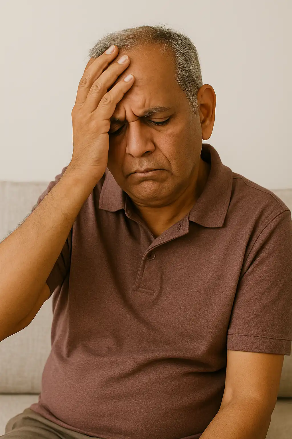 Senior man holding his forehead in discomfort, indicating severe headache or dizziness related to neurological or vestibular issues.