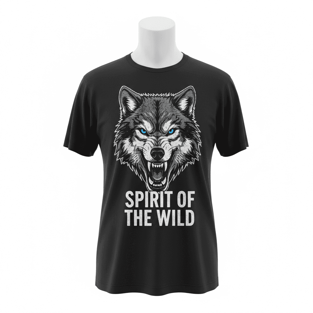 graphic tshirt with a wolf image and text that says spirit of the wild