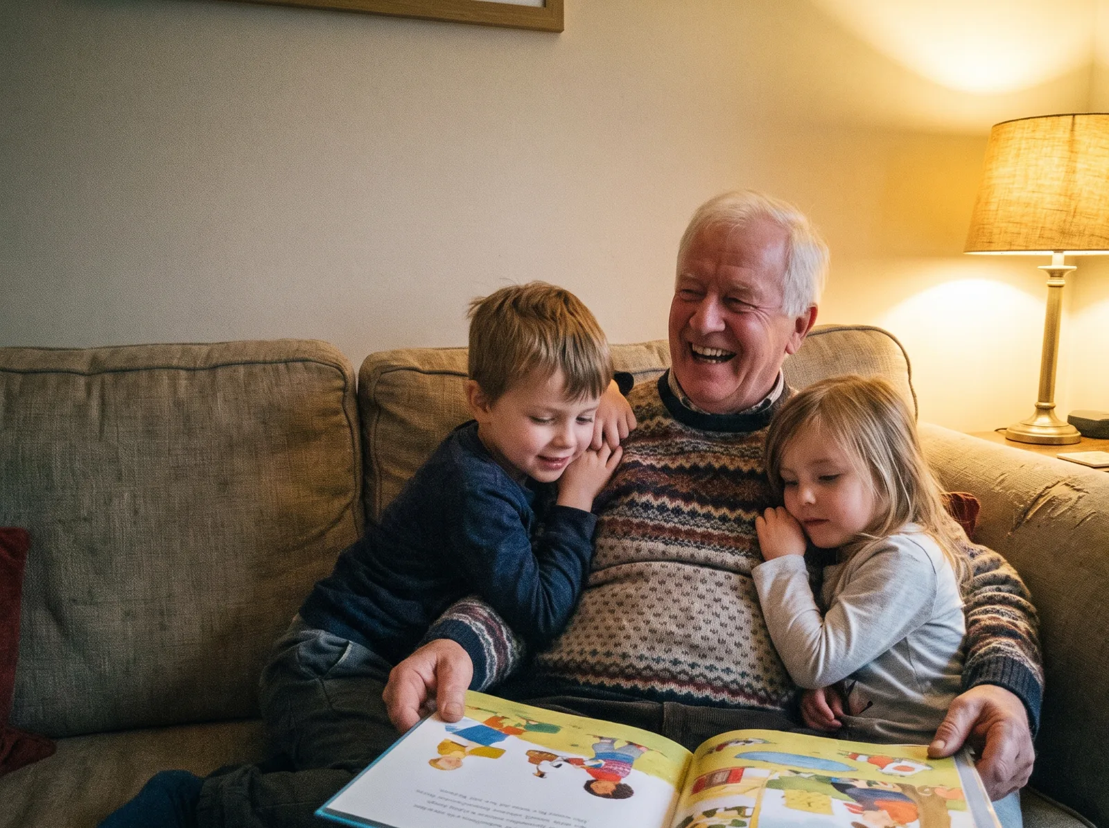 Dennis reading a picture book with his grandchildren