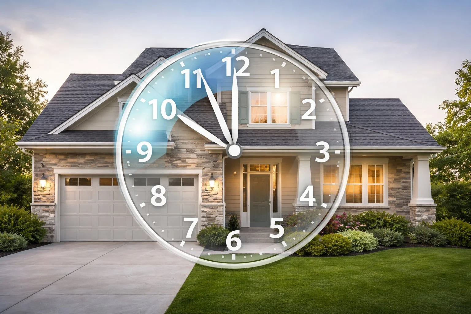Realistic house with a transparent clock overlay, highlighting a delayed transfer scheduled for a specific time in a clean, neutral setting.