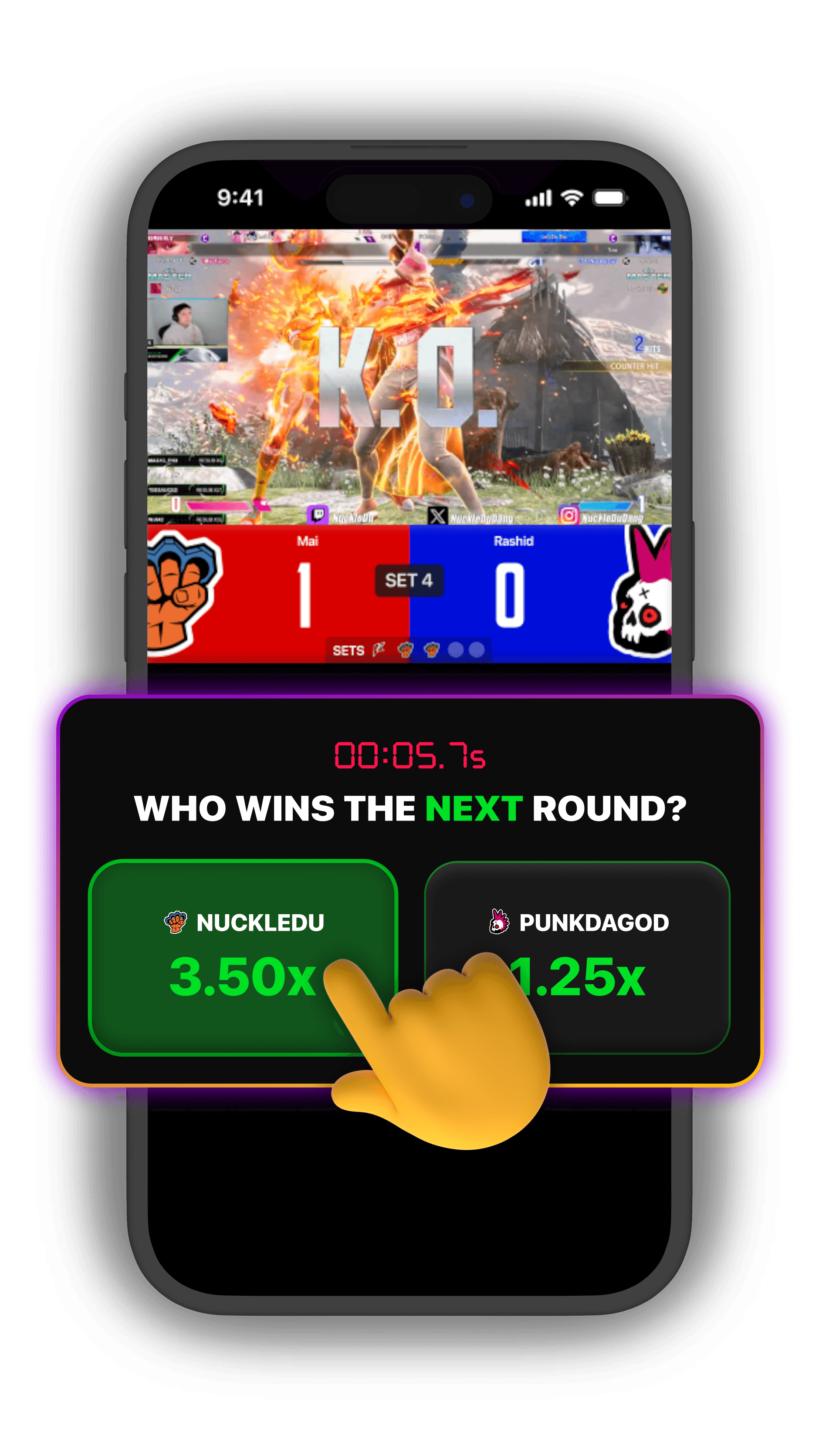 1v1Me Street Fighter live esports staking screen showing NuckleDu vs PunkDaGod with 3.50x odds on next round winner