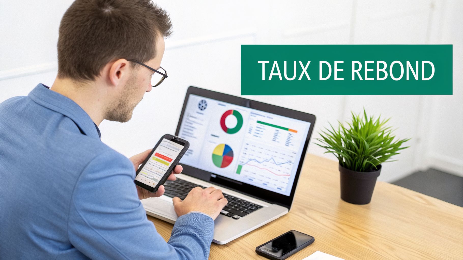 Un homme analyse des données et des graphiques sur un ordinateur portable et un smartphone, avec une bannière affichant 