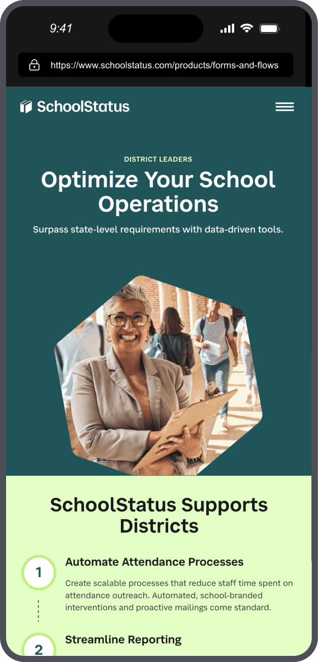 Mobile landing page featuring optimizing your school operations