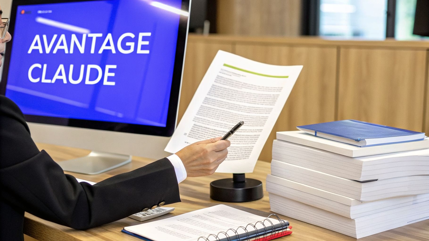 Personne en costume pointant un document, avec 