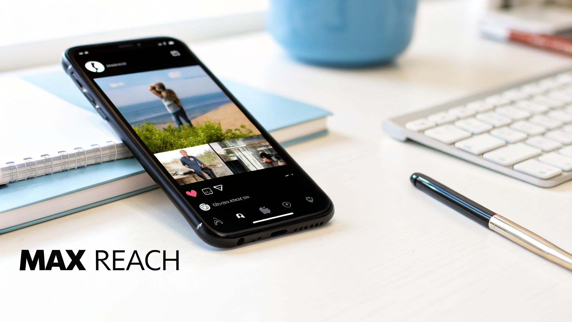 A smartphone displaying a social media feed on a white desk with office items, illustrating max reach.