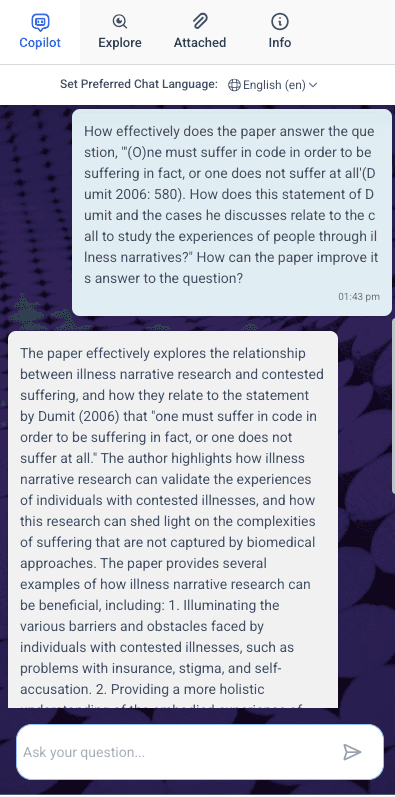 enago Read Copilot chat analyzing student paper response to Dumit’s statement on suffering