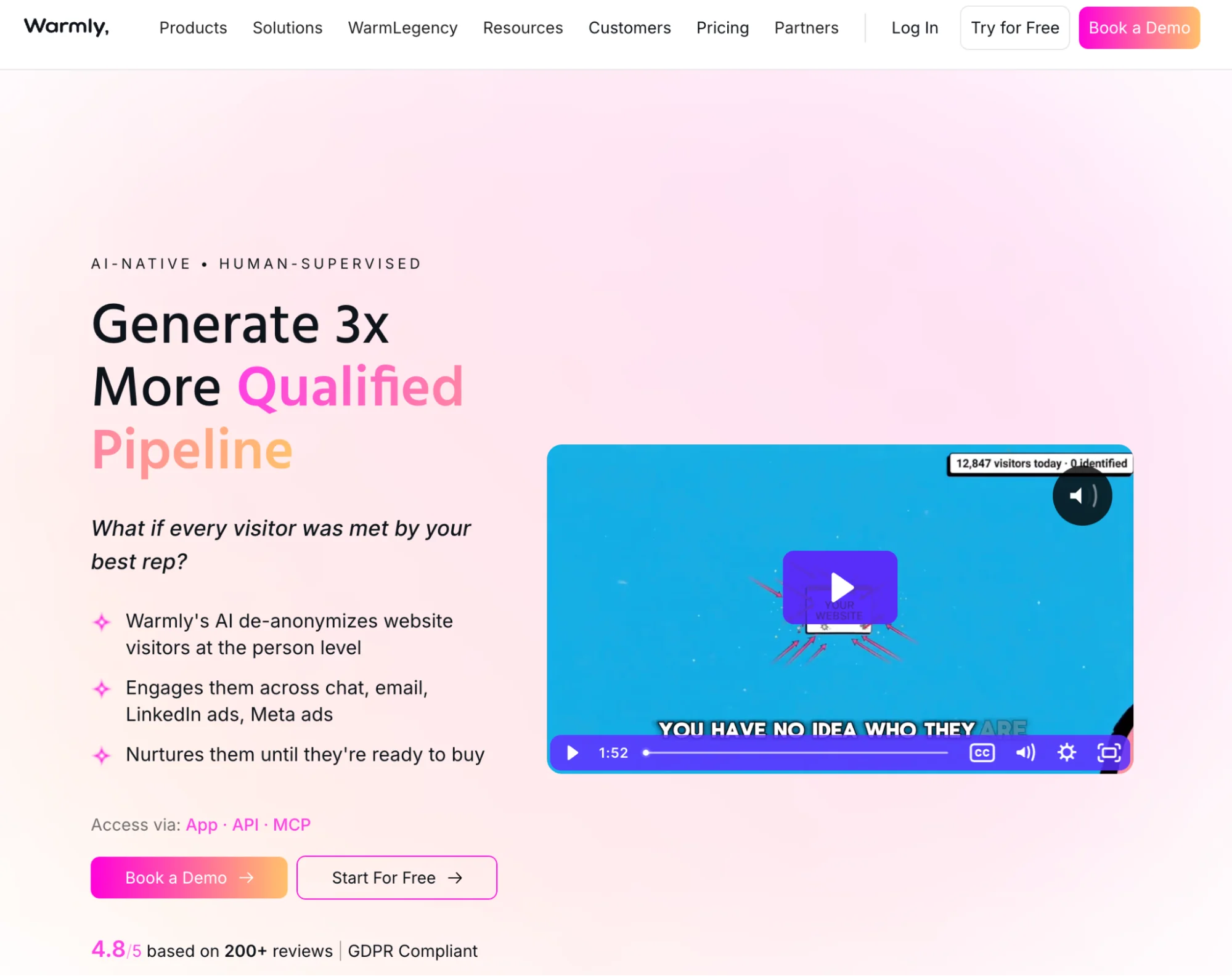 Warmly homepage: website visitor de-anonymization and warm lead signals
