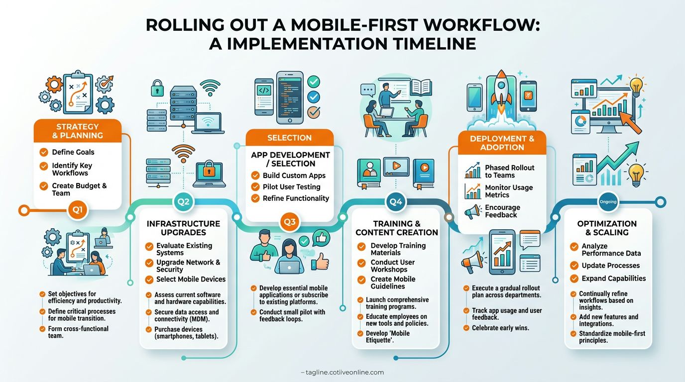 A timeline graphic illustrating the six-step process for implementing a mobile-first workflow in a business environment.