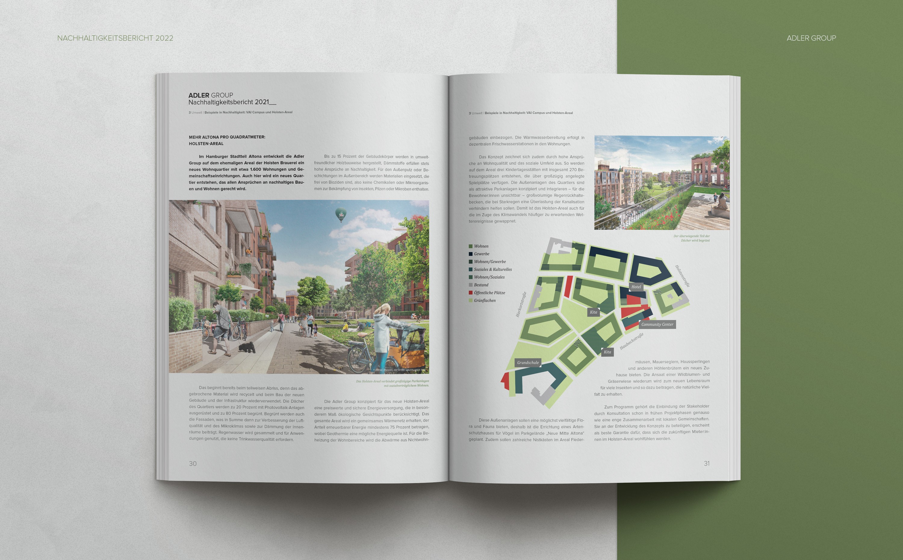 Doppelseite aus dem Nachhaltigkeitsbericht der Adler Group – reduziertes, typografisch fein abgestimmtes Layout